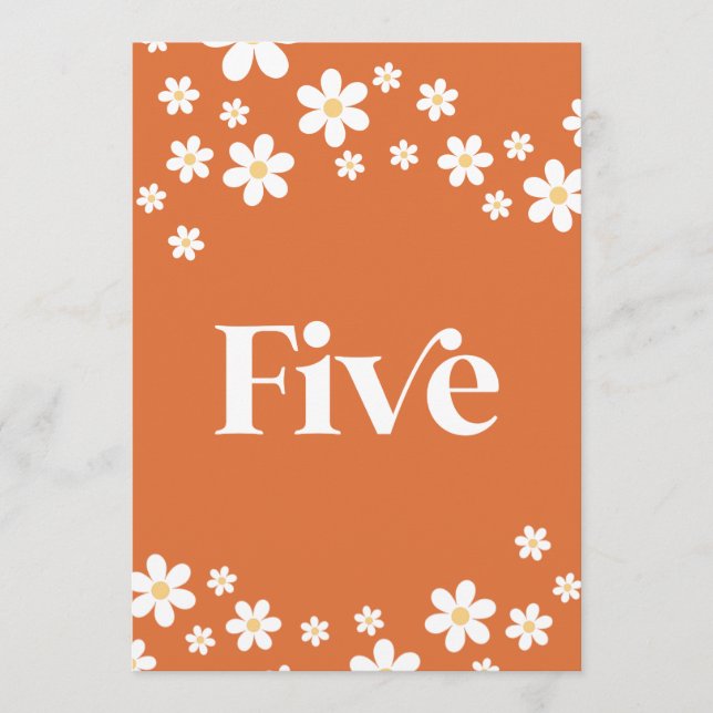 Retro daisy orange bridal shower table number Five (Front)