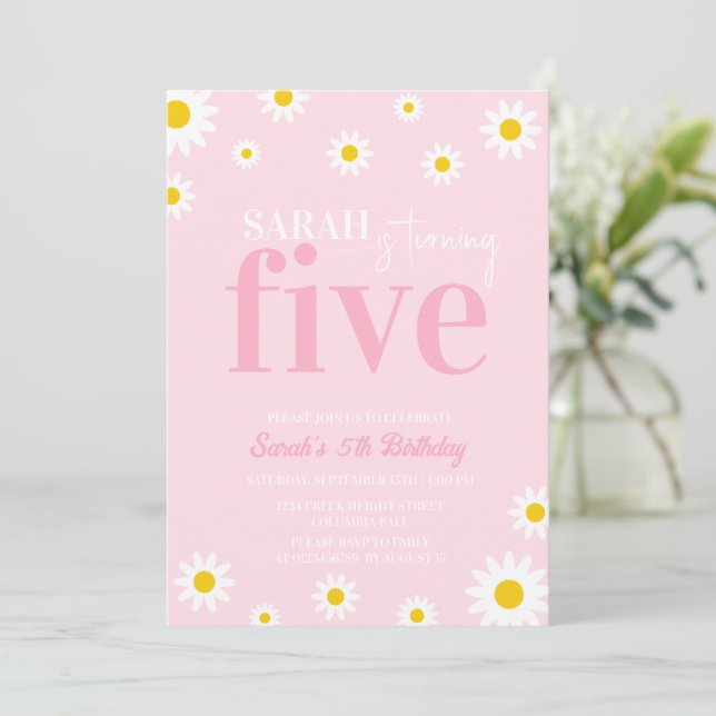 Retro Daisy Pastel Pink Minimal 5th Birthday Invitation (Standing Front)