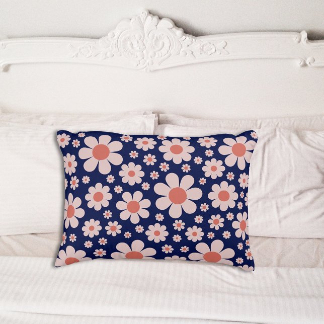 Retro Daisy Pattern Blue Pillowcase (Retro daisy groovy navy blue and orange pattern pillow case)