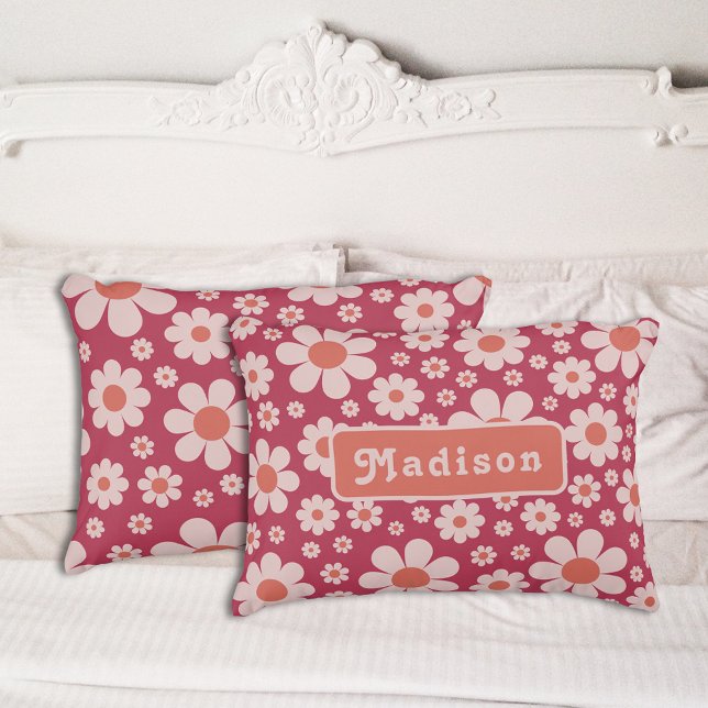 Retro Daisy Pattern Name  Pillowcase (Retro 70s vintage daisy pattern groovy typography pink and orange pillow case)