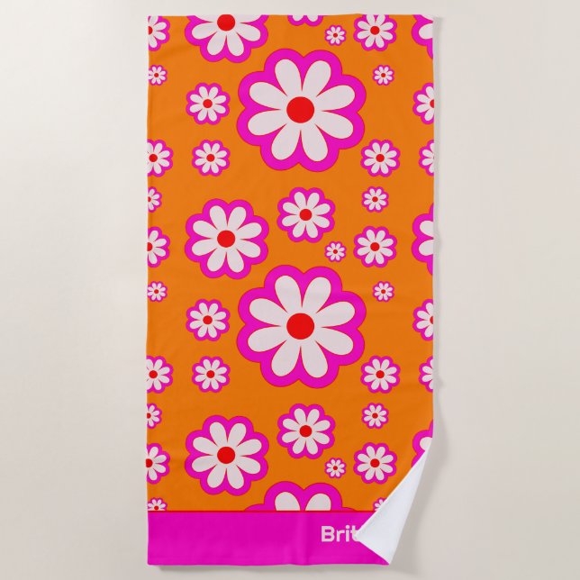 Retro Daisy Pattern Pink& Orange 70s Floral Name Beach Towel (Front)