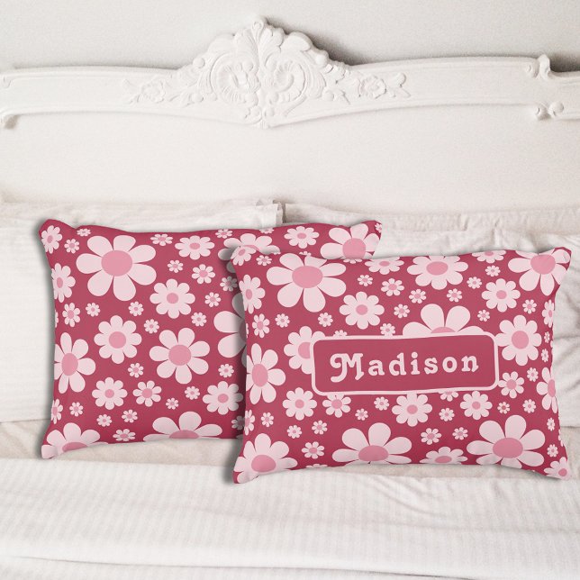 Retro Daisy Pattern Pink Personalised Pillowcase (Retro 70s vintage pink daisy pattern groovy typography boho personalized pillow case)