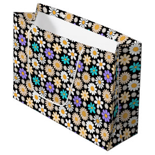 Retro Daisy Pattern Simple.01. Black BG Large Gift Bag