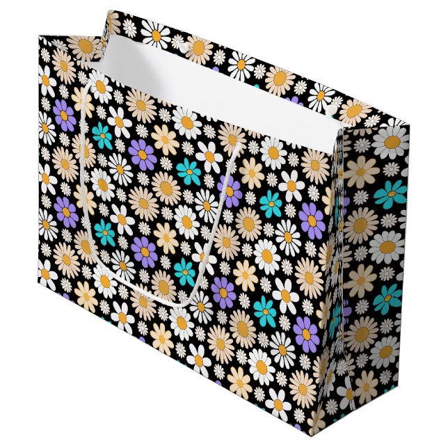 Retro Daisy Pattern Simple.01. Black BG Large Gift Bag (Front Angled)