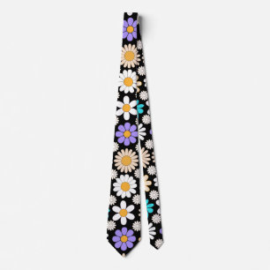 Retro Daisy Pattern Simple.01. Black BG Tie