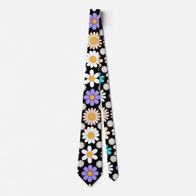 Retro Daisy Pattern Simple.01. Black BG Tie (Front)