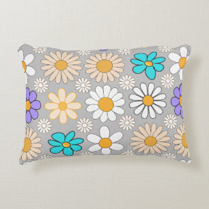 Retro Daisy Pattern Simple.01. Grey BG Decorative Cushion