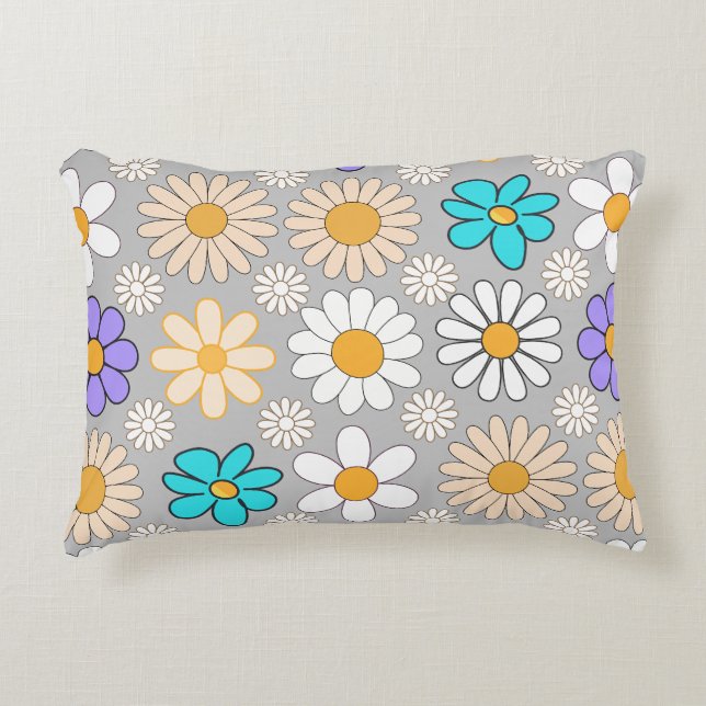 Retro Daisy Pattern Simple.01. Grey BG Decorative Cushion (Front)