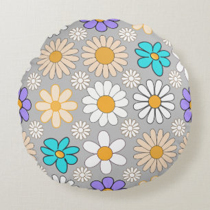 Retro Daisy Pattern Simple.01. Grey BG Round Cushion