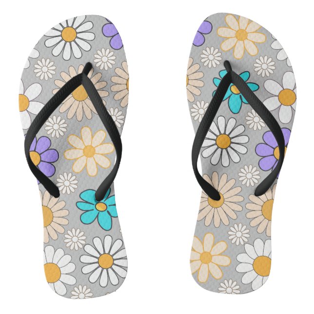 Retro Daisy Pattern Simple.01. L Grey BG Flip Flops (Footbed)