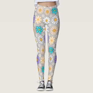 Retro Daisy Pattern Simple.01. L Grey BG Leggings