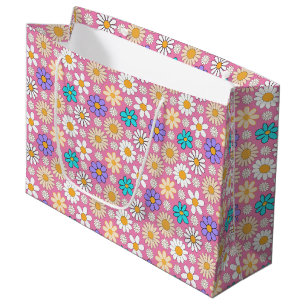 Retro Daisy Pattern Simple.01. Pink BG Large Gift Bag