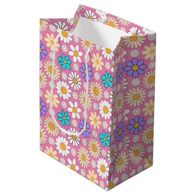 Retro Daisy Pattern Simple.01. Pink BG Medium Gift Bag (Front Angled)