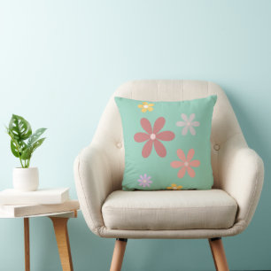 Retro Daisy Pattern Teal Green Background Cushion