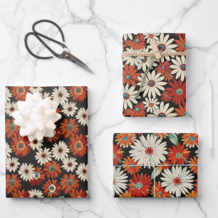 Retro Daisy Pattern with Warm Tones on Black Wrapping Paper Sheet