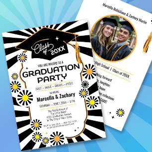Retro Daisy Photo Black White Yellow Graduation Invitation