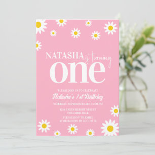 Retro Daisy Pink and White Minimal 1st Birthday  Invitation