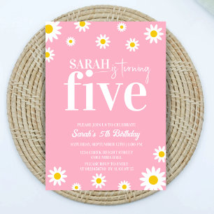 Retro Daisy Pink and White Minimal 5th Birthday Invitation