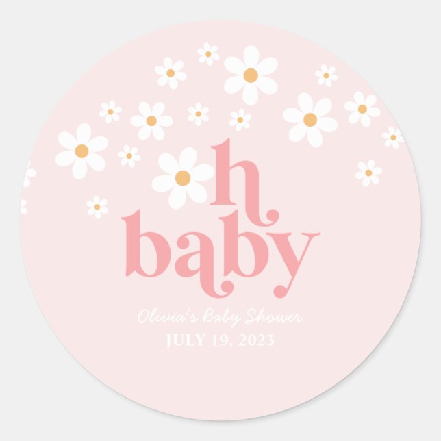 Retro Daisy Pink Baby Shower Classic Round Sticker (Front)