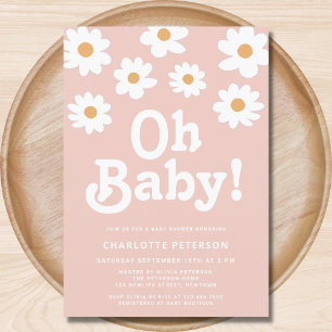 Retro Daisy Pink Baby Shower Invitation