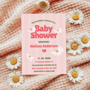Retro Daisy Pink Baby Shower Invitation for Girl  