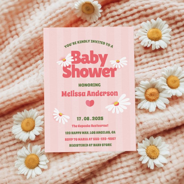 Retro Daisy Pink Baby Shower Invitation for Girl   (Creator Uploaded)