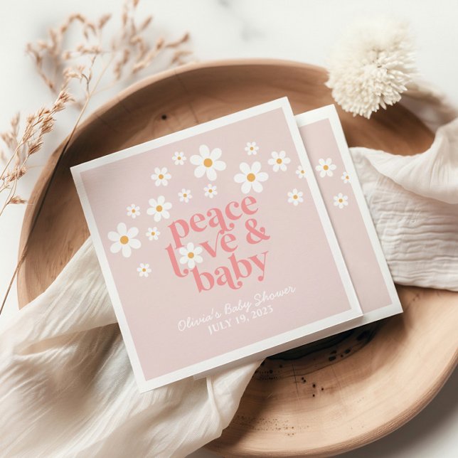 Retro Daisy Pink boho Peace Love Baby Shower Napkin (Creator Uploaded)