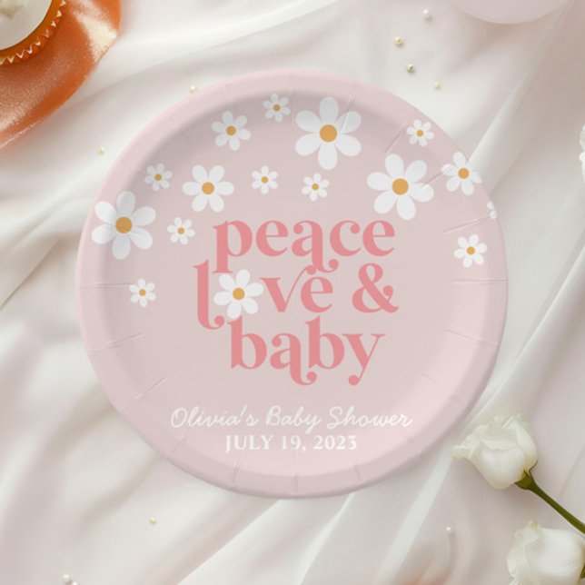 Retro Daisy Pink boho Peace Love Baby Shower Paper Plate (Creator Uploaded)