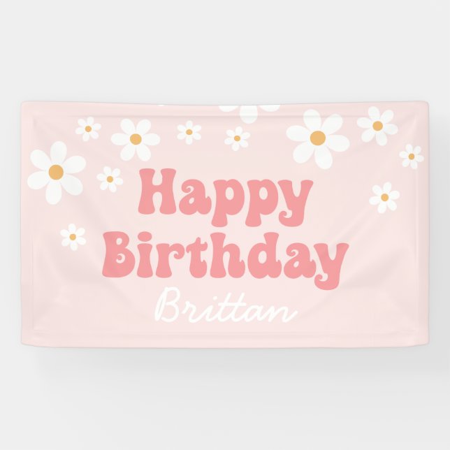 Retro Daisy Pink Happy Birthday Banner (Horizontal)