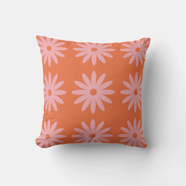 Retro Daisy Print in Pink and Orange Cushion (Front)