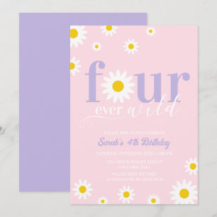 Retro Daisy Purple Pink Groovy  4th Birthday Invitation