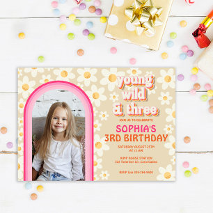 Retro Daisy Rainbow 3rd Photo Birthday Invitation