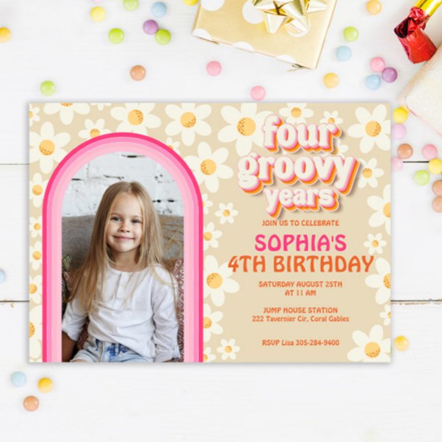 Retro Daisy Rainbow 4th Birthday Photo Invitation  (Creator Uploaded)