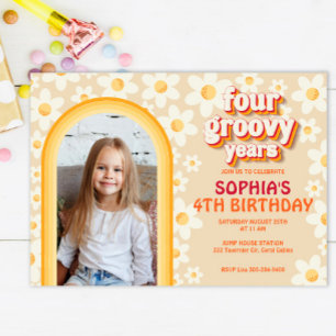 Retro Daisy Rainbow 4th Photo Birthday Invitation
