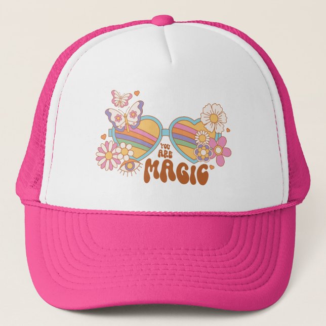Retro Daisy, Rainbow and Butterflies Quote  Trucker Hat (Front)