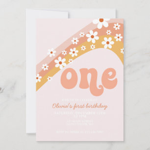 Retro daisy rainbow first birthday invitation