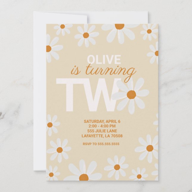 Retro Daisy Second Birthday Party Invitations (Front)