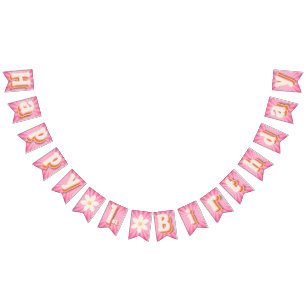 Retro Daisy Sunburst Pink Happy 1st Birthday  Bunting