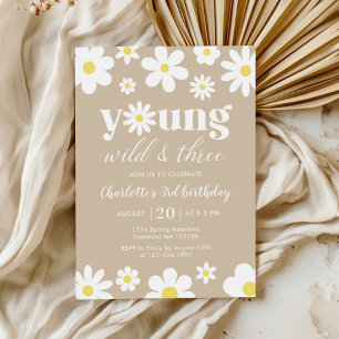 Retro Daisy Three Floral 3rd Birthday Invitation