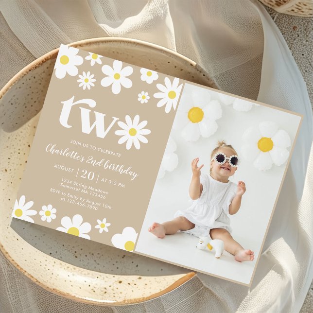 Retro Daisy Two Floral 2nd Birthday Photo Invitation (Creator Uploaded)
