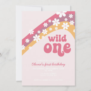 Retro daisy Wild One boho floral first birthday In Invitation