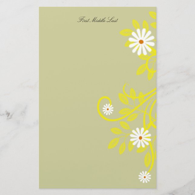 Retro Daisy Yellow Filigree Border Personalised Stationery (Front)
