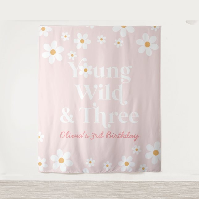 Retro Daisy Young Wild and Three Birthday Tapestry (Front)