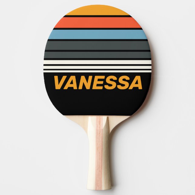 Retro Dark Rainbow Horizon Striping with Name Ping Pong Paddle (Front)
