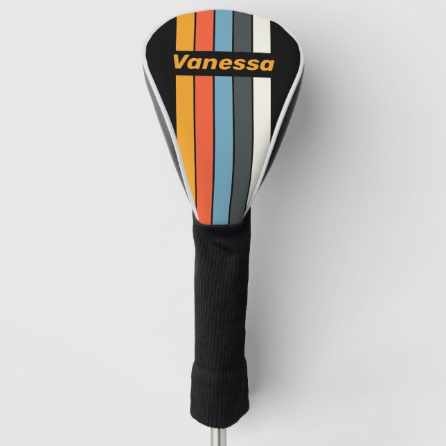 Retro Dark Rainbow Pin Striped with Name Golf Head Cover (Front)