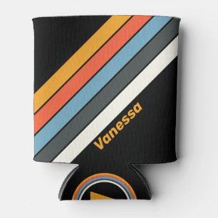 Retro Dark Rainbow Striped with Name Can Cooler