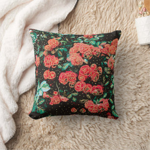 Retro Dark Red Roses Polka Dot Floral Pattern Cushion