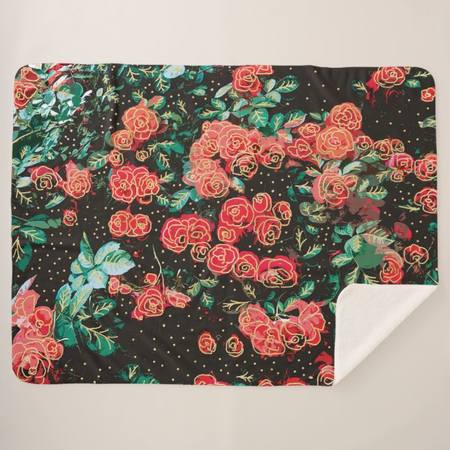 Retro Dark Red Roses Polka Dot Floral Pattern Sherpa Blanket (Front (Horizontal))