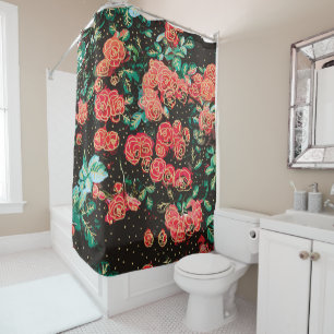 Retro Dark Red Roses Polka Dot Floral Pattern Shower Curtain