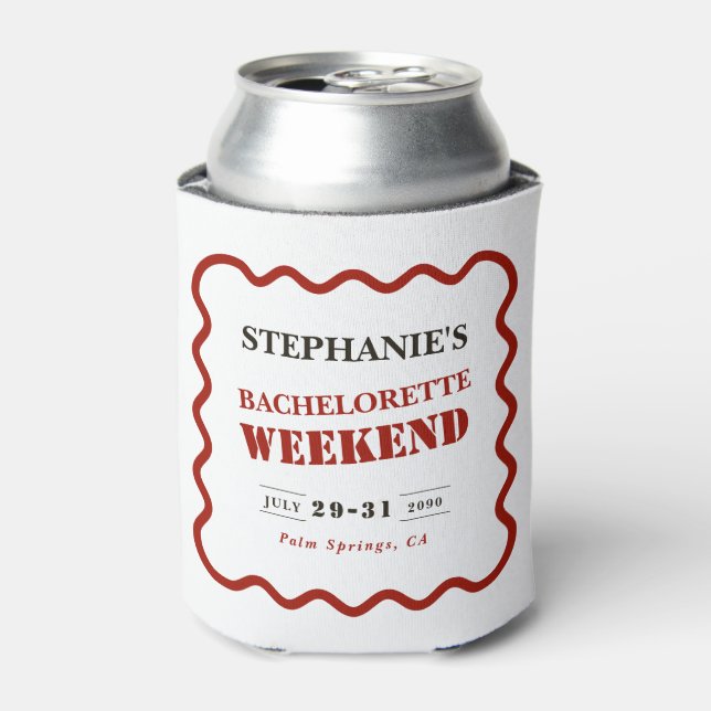 Retro Dark Red Wavy Border Bachelorette Weekend Can Cooler (Can Front)